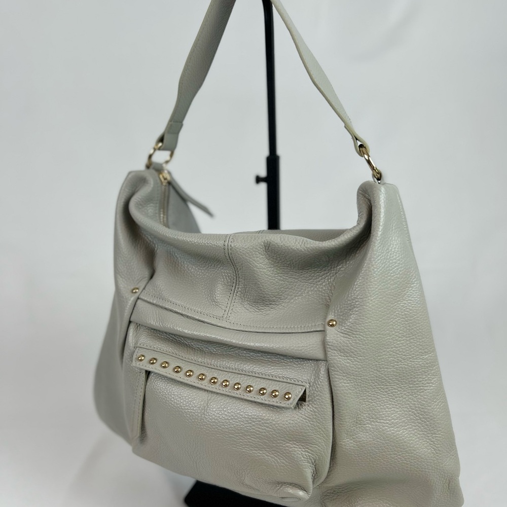 Laggo Leather Hobo Shoulder Bag Gray Soft Pebble Studded Pocket Everyday Purse